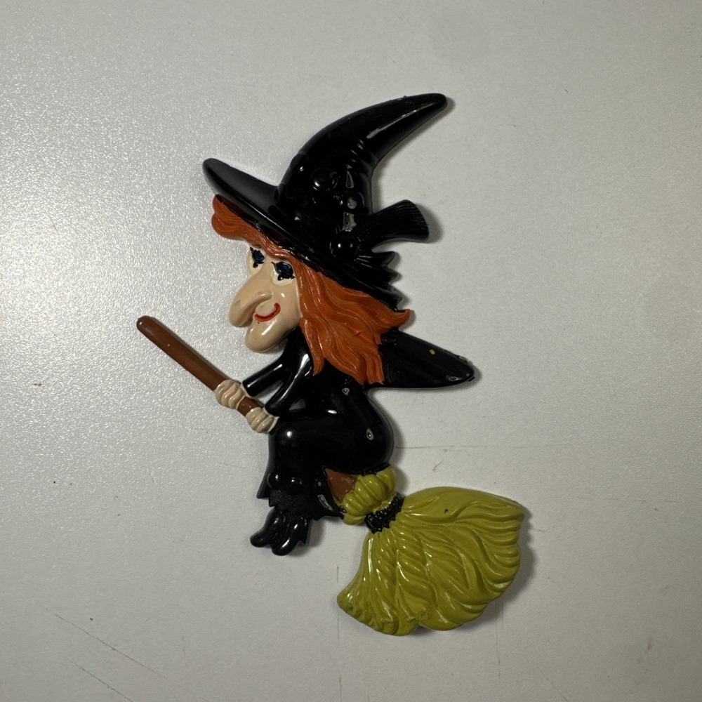 Vintage Halloween Witch on broom Plastic Cake Topper
